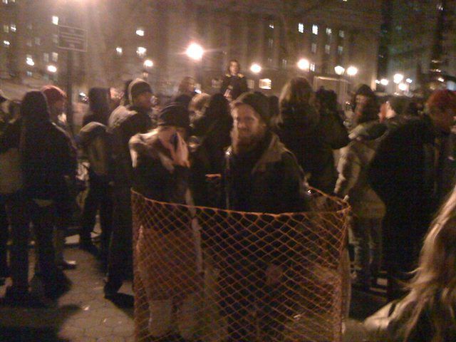 The set had faux kettling net, which the protesters put to use